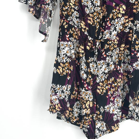 Express Womens Black Floral Romper Size M White Flowers Printed Boho Ruffle Chic - Picture 7 of 13
